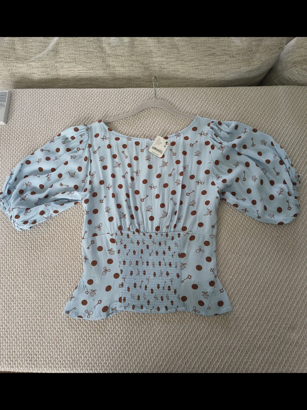 Free People Light Blue Polka Dot Tie-Front Puff Sleeve Top